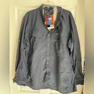 Simms Guide LS button up shirt, navy. 50+UPF sun protection.